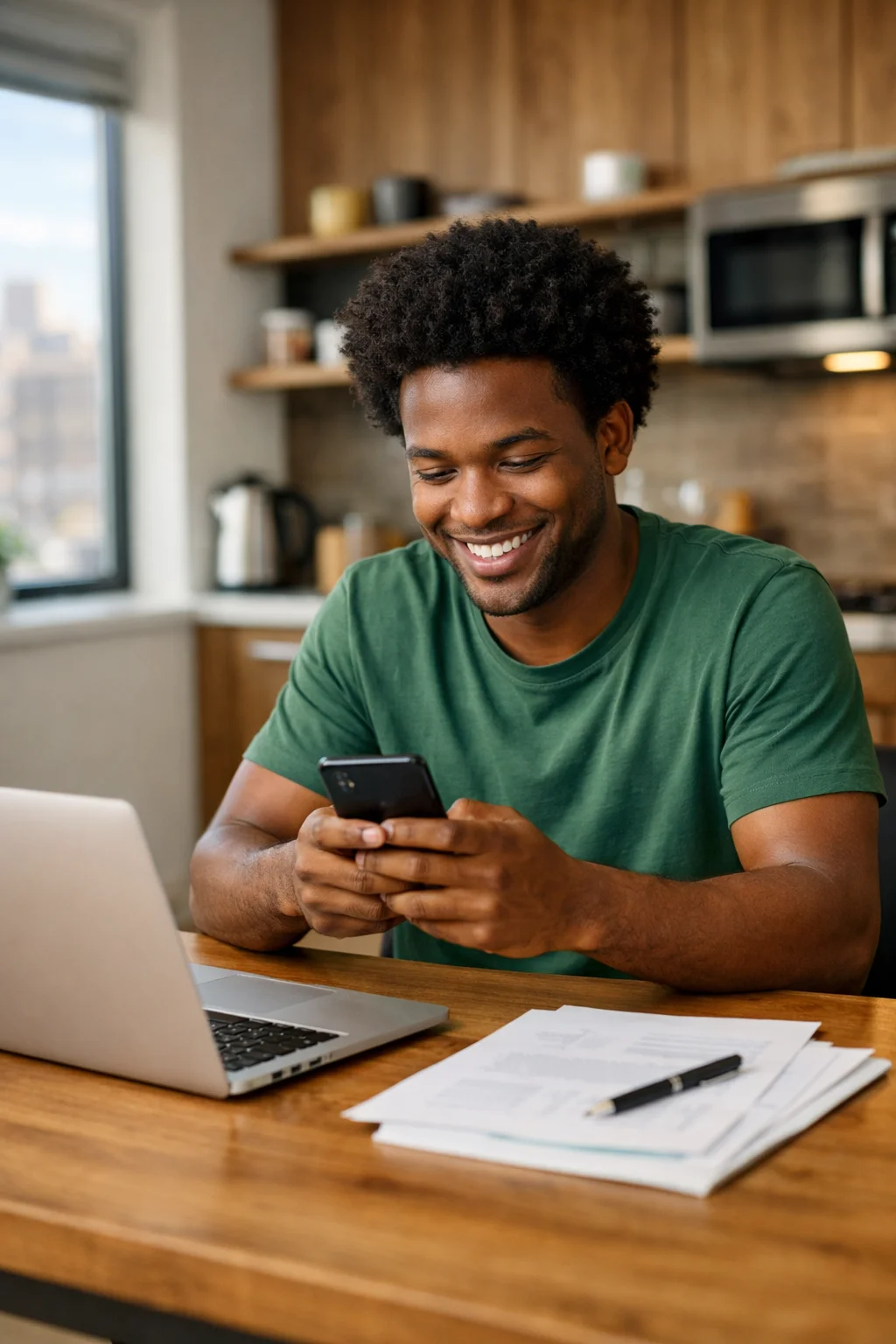 Happy student learning AI skills online with laptop and phone - Eddy's AI Lab courses